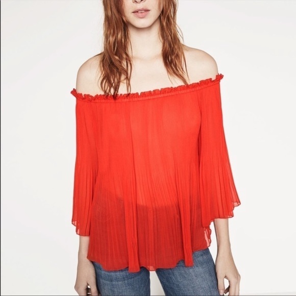 Zara Pleated Red Off-Shoulder Sheer Top Stretch - Picture 1 of 6